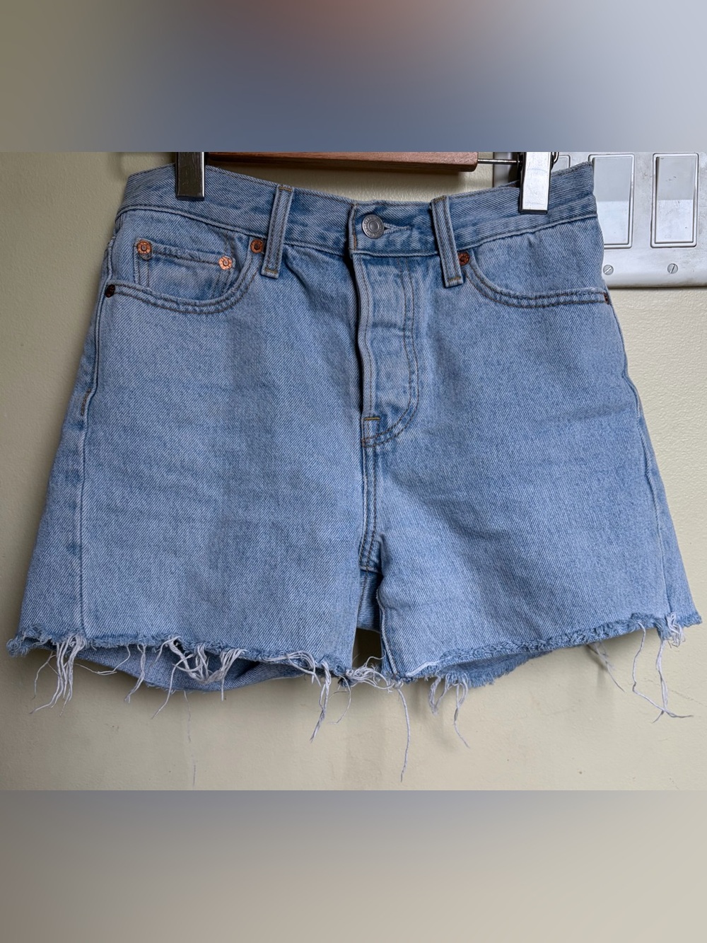 Levi’s Wedgie Denim Jean Shorts Size 26 Light Wash Fringe Raw Distressed Hem